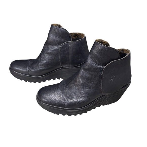 FLY LONDON Black Leather Wedge Ankle Boots Women's Size 40 - Picture 5 of 8